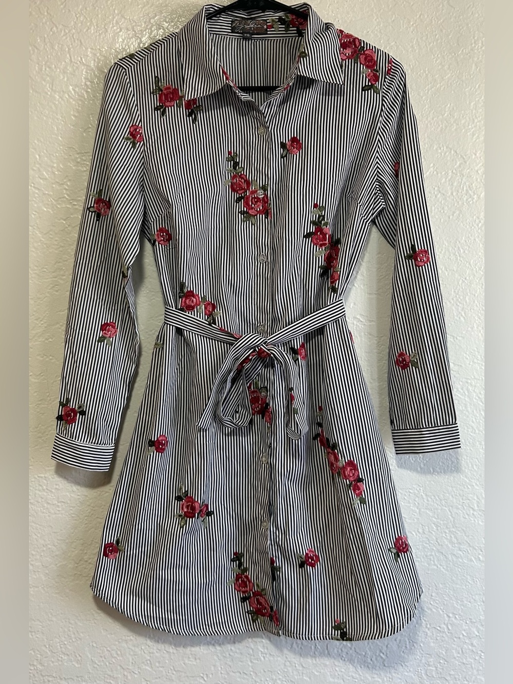 J Glee Black & White Striped Shirt Dress with Pink Floral Embroidery